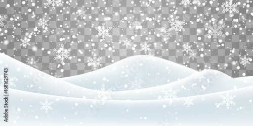 Vector heavy snowfall with snowbanks field. Snow landscape decoration, frozen hills isolated on png background. Snow flakes, snow and blizzard falling on snowdrifts. Christmas vector illustration