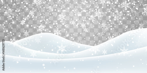 Vector heavy snowfall with snowbanks field. Snow landscape decoration, frozen hills isolated on png background. Snow flakes, snow and blizzard falling on snowdrifts. Christmas vector illustration
