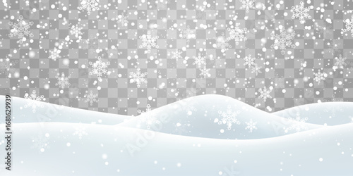 Vector heavy snowfall with snowbanks field. Snow landscape decoration, frozen hills isolated on png background. Snow flakes, snow and blizzard falling on snowdrifts. Christmas vector illustration