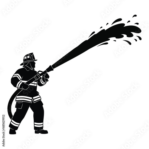Brave firefighter in full gear douses flames with powerful water stream silhouette