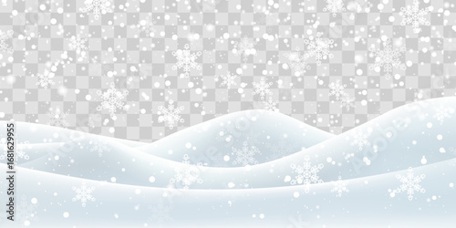 Vector heavy snowfall with snowbanks field. Snow landscape decoration, frozen hills isolated on png background. Snow flakes, snow and blizzard falling on snowdrifts. Christmas vector illustration
