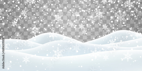 Vector heavy snowfall with snowbanks field. Snow landscape decoration, frozen hills isolated on png background. Snow flakes, snow and blizzard falling on snowdrifts. Christmas vector illustration
