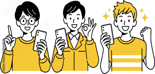 Vector illustration set of three diverse young men reacting positively to their smartphones with gestures of discovery, approval, and success