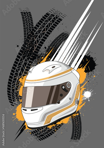 Dynamic racing helmet design with tire tracks and speed streaks for thrilling motorsport visuals