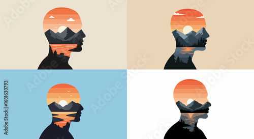 vector illustration of a set of people faces inner peace Minimalist Mountain Landscape Grid