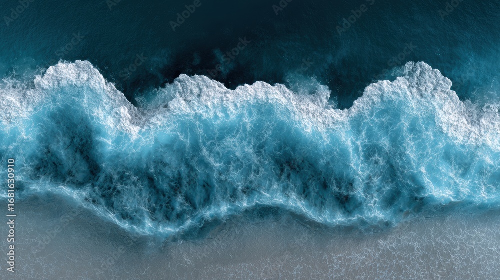 Fototapeta premium Aerial view of ocean waves crashing onto a sandy shore, creating white foam and deep blue water.