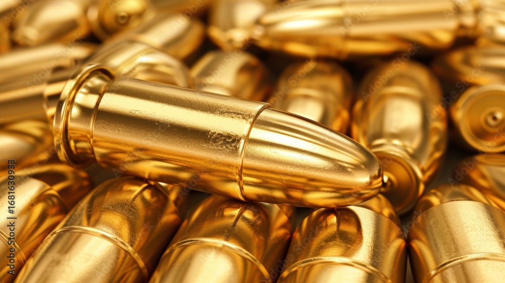 Naklejka premium Captivating reflections of golden bullets on a shiny surface created by generative ai