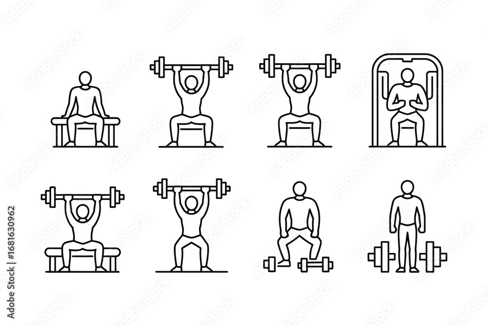 Weightlifting Exercise Icons Set: Linear Pictograms of Squats, Bench Press, Deadlifts, and Strength Training Equipment on Transparent Background Weightlifting Exercise Icons Set: Linear Pictograms of Squats, Bench Press, Deadlifts, and Strength Training Equipment on Transparent Background
