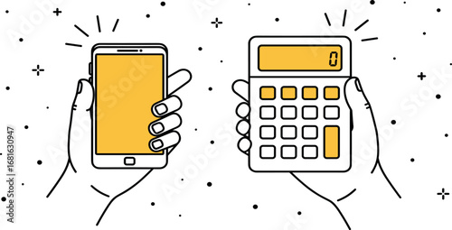 Modern business and finance management concept showing hands holding a smartphone and a calculator for calculations and budgeting