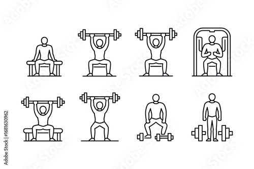 Weightlifting Exercise Icons Set: Linear Pictograms of Squats, Bench Press, Deadlifts, and Strength Training Equipment on Transparent Background