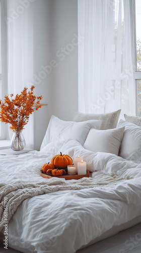 Cozy fall bedroom decor ideas with pumpkins and candles for autumn home inspiration