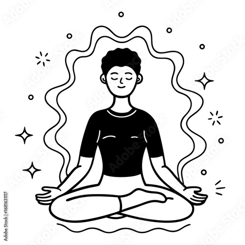 Minimal flat vector illustration of a person sitting in lotus yoga pose with closed eyes, calm abstract waves and glowing aura around them, symbolizing meditation, inner peace, mindfulness, and relaxa