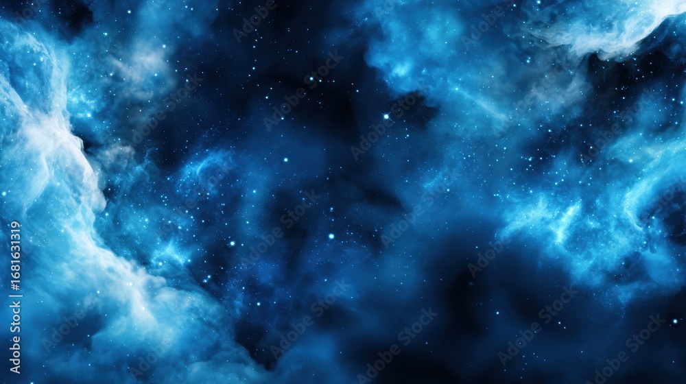 Fototapeta premium A stunning view of a deep blue cosmic nebula filled with swirling clouds of gas and scattered stars.