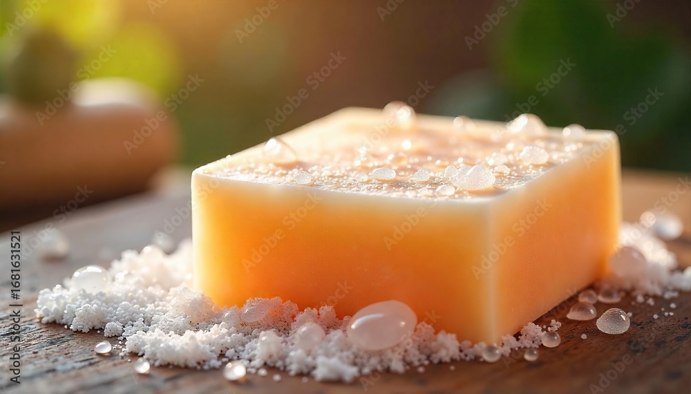 Naklejka premium Close-up of a luxurious bar of soap with gentle bubbles, creating a relaxing spa-like atmosphere Perfect for aromatherapy, self-care, and wellness concepts , purity, zen