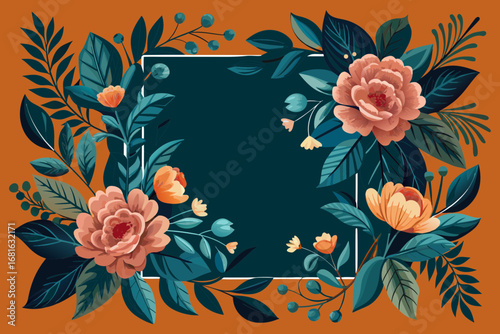 Elegant floral frame featuring peach blossoms and teal leaves, ideal for invitations, announcements, and creative projects, originally a scalable vector graphic