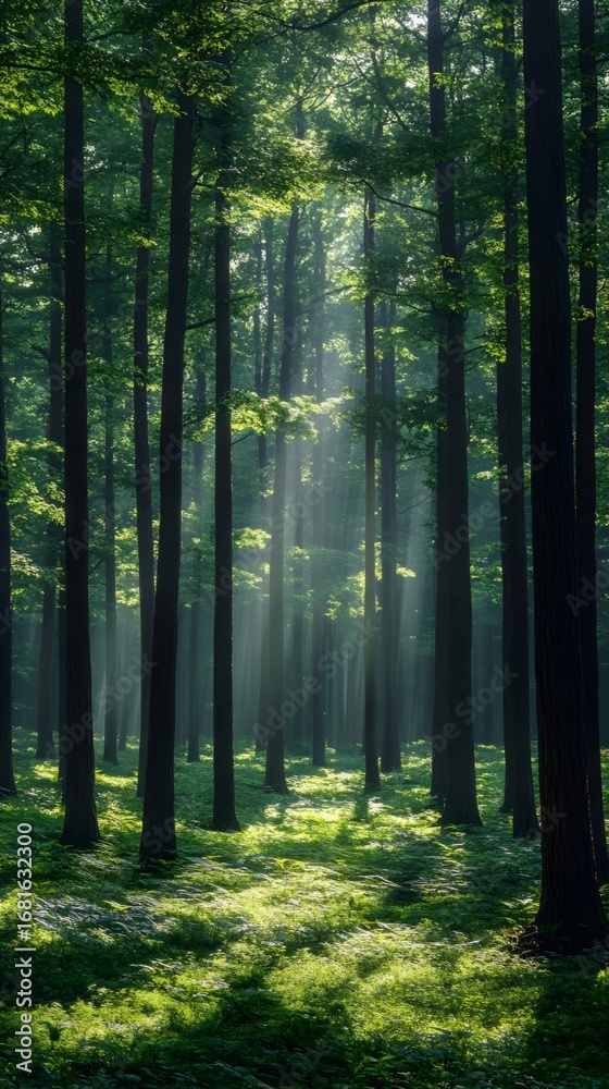 Obraz premium In the metasequoia forest, the metasequoia trees stand tall and straight