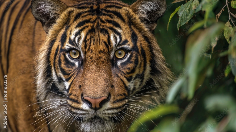 Fototapeta premium Majestic tiger in its natural habitat showcasing powerful presence with striking stripes intense eyes and fierce expression in a lush jungle environment