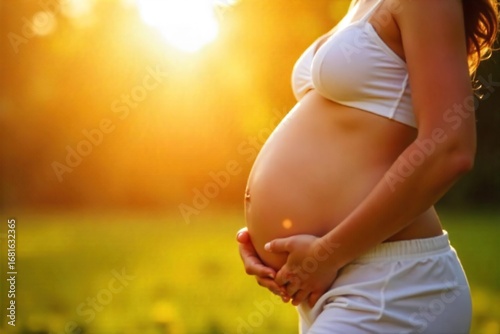 Radiant pregnant belly basking in warm sunlight, glowing skin, summer happiness  A perfect image for maternity, summer, and well-being themes ,  outdoor,  belly,  positive