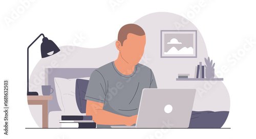 Person comfortably working on a laptop from bed at home, illustrating remote work, flexible hours, and cozy productivity. Ideal for lifestyle and business concepts.