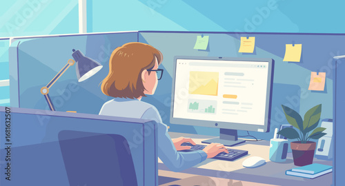 Professional woman working diligently at a computer in a modern office cubicle. Ideal for business, productivity, and corporate themes.
