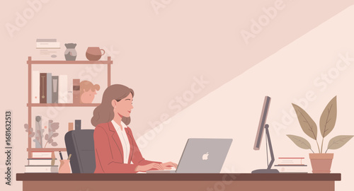 A focused woman working diligently on her laptop in a modern, organized home office or workspace, ideal for business and lifestyle themes.