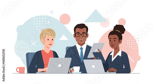 Diverse business professionals collaborate using laptops and tablets. Represents teamwork, innovation, and modern corporate environments.
