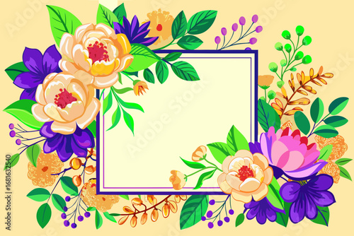 Botanical bliss blossoms around a classic frame, ideal for invitations and heartfelt messages, a symphony of floral elegance and vibrant color, originally a scalable vector graphic