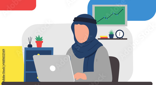 Arabic professional analyzing data on a laptop in a modern office setting, representing business growth, productivity, and remote work.