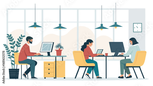 Diverse team working diligently in a modern, bright office. Ideal for showcasing productivity, teamwork, and a contemporary business environment.