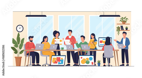 Diverse business team collaborating in a modern office meeting, discussing ideas and strategy for productivity and success.