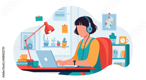 Woman working remotely on a laptop in a cozy home office, wearing headphones for focus and productivity. Ideal for remote work, online learning, or digital lifestyle concepts.