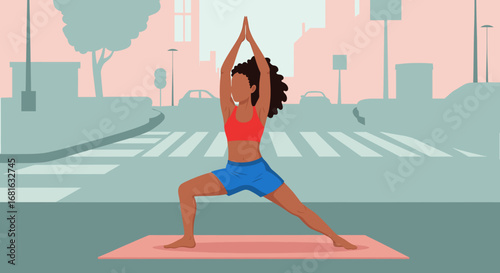 Woman practicing mindful yoga in an urban setting, embodying wellness, balance, and healthy city living. Perfect for lifestyle, health, and fitness content.