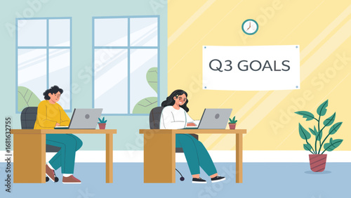 Two dedicated colleagues focused on achieving Q3 goals in a bright, modern office. Ideal for business, teamwork, and planning concepts.