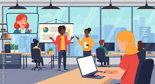 Diverse team collaborating in a modern open-plan office, featuring a presentation, colleagues working, and a remote video call. Illustrates teamwork, communication, and hybrid work environments.
