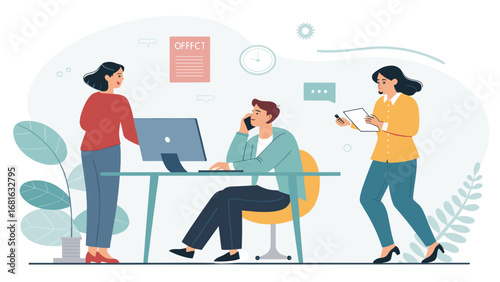 Diverse business team collaborates in a modern office, showcasing communication and productivity in a corporate workspace. Ideal for concepts of teamwork and professional life.