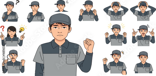 Vector illustration set of a young male worker in uniform, showcasing a wide range of emotions and gestures for various concepts
