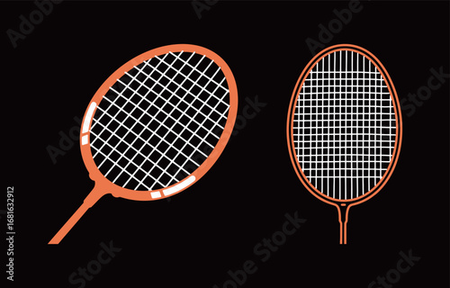 A pair of hand-drawn badminton racket illustrations in an orange and white color scheme on a black background, ideal for sports and game-themed projects.