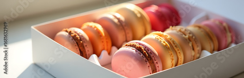 delicate selection assorted macarons éclairs artfully arranged within pristine white box illuminated soft diffused natural light