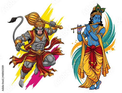 Hindu Gods Hanuman and Krishna vector illustration set