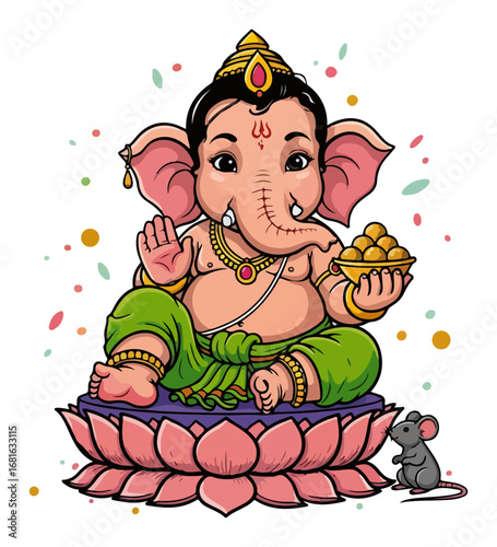 Cute baby Ganesha sitting on a lotus vector illustration