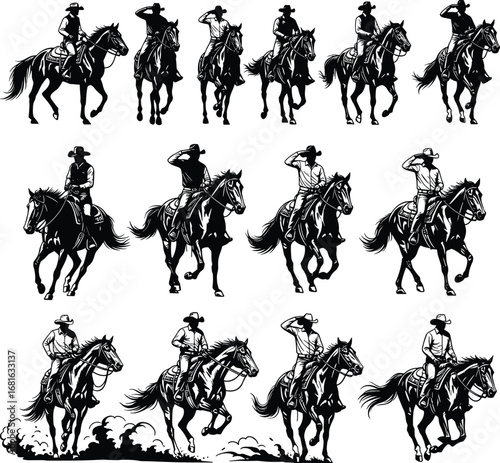 Set of cowboy riding horses silhouettes, western horsemen, ranch work, horseback riding, wild west theme, equestrian lifestyle, adventure illustration