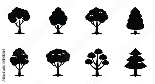 various tree shapes and sizes depicted in simple black silhouettes