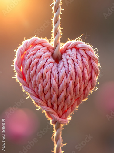 delicate pink knitted heart intricately entwined beige rope soft warm sunlight top left symbolizing tender connection