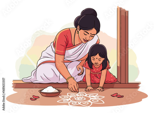Hindu mother and daughter making traditional rangoli design for festival