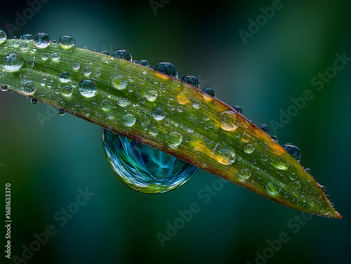 Macro close-up of a dew drop on a single blade of grass in early morning light
