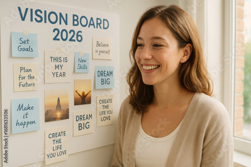 Vision board 2026 goals vision motivation planning resolution inspiration ideas 2026 resolution ideas woman smiling planning board dream big