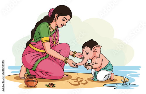 Hindu goddess Parvati feeding baby Ganesha vector illustration