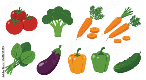 fresh vegetables collection including tomatoes broccoli carrots spinach eggplant peppers cucumber