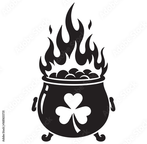 Saint patricks day black and white illustration of a cauldron with flames and clover