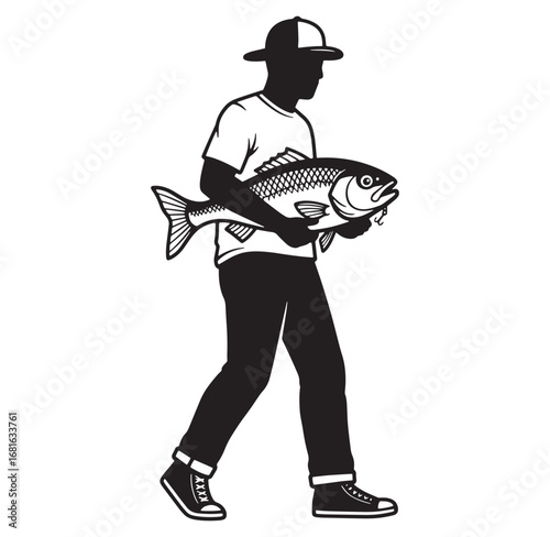 Silhouette illustration of a fisherman carrying a large fish after a successful fishing trip